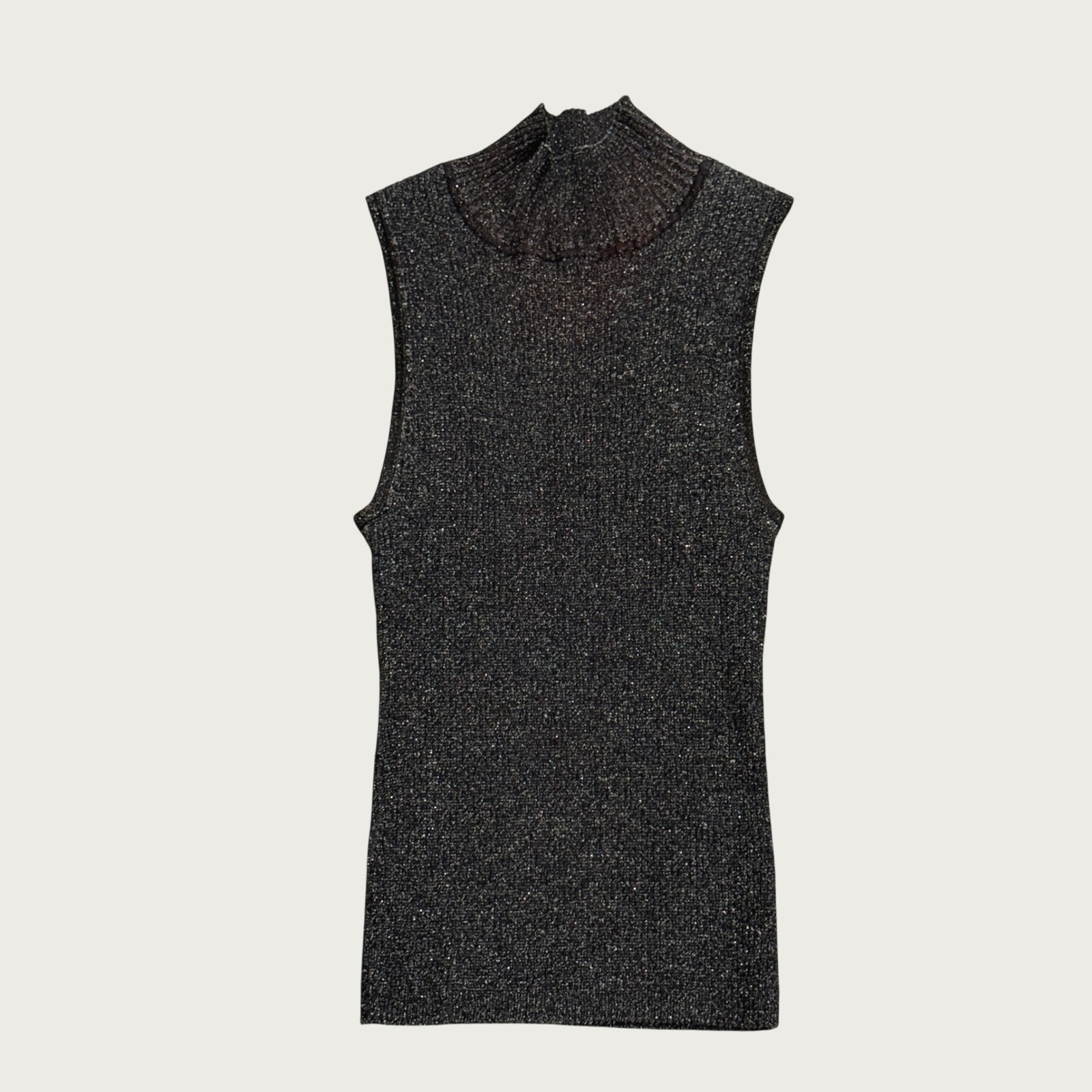 Vtg Victor Costa Brown Metallic Knit Mock Neck Sleeveless Top Fall Layering L